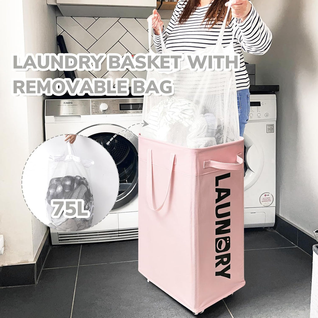 CHICVITA 75L Laundry Hamper with Wheels 2-Pack, Wash Bags, Pink