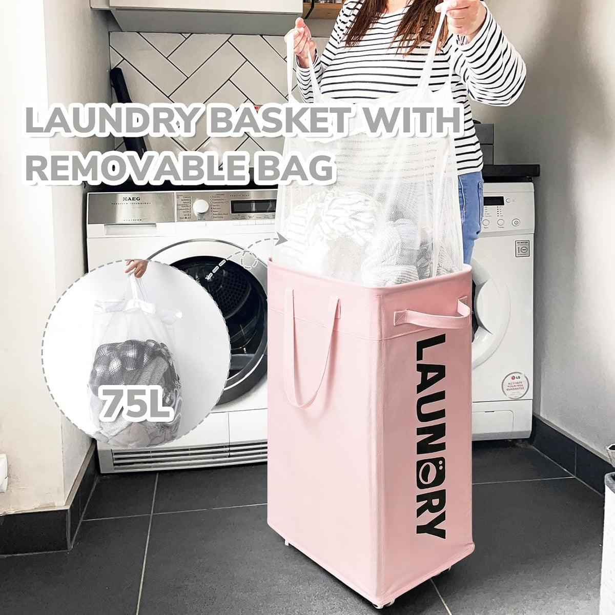 CHICVITA 75L Laundry Hamper with Wheels 2-Pack, Wash Bags, Pink
