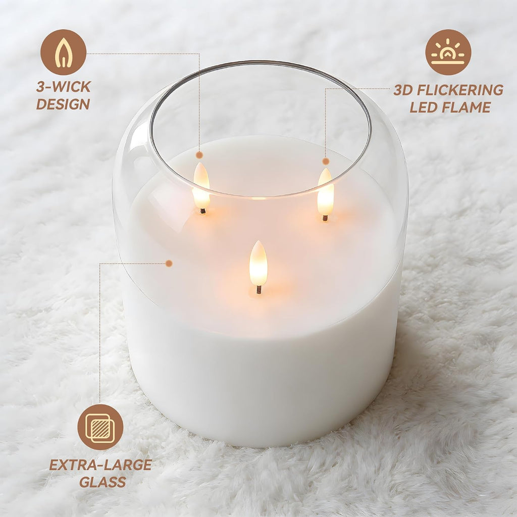 3 Wick Flameless Candle with Remote, Clear Glass, Wax, Battery Operated LED