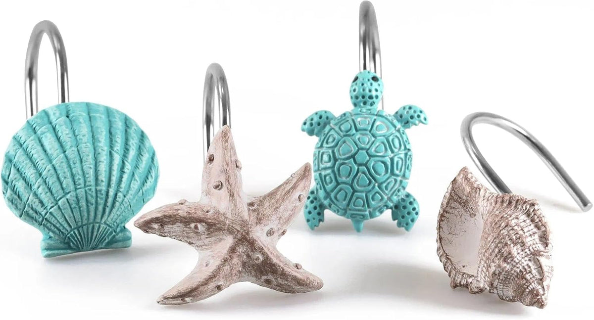 Seashell Sea Turtle Starfish Conch Decorative Shower Curtain Hooks, 12Pcs