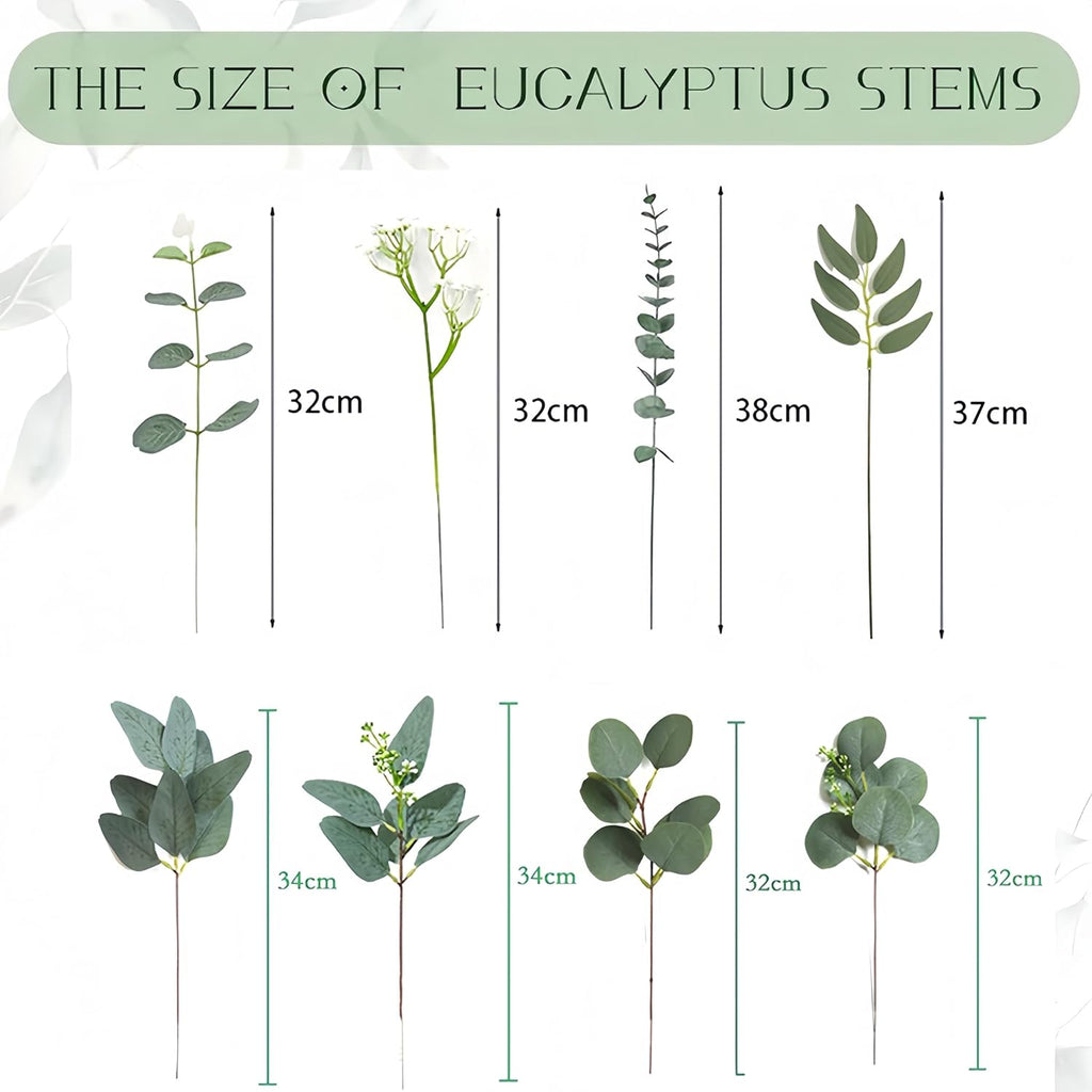 200 Pcs 8 Kinds Mixed Greenery Stem Artificial Faux Eucalyptus Leaves