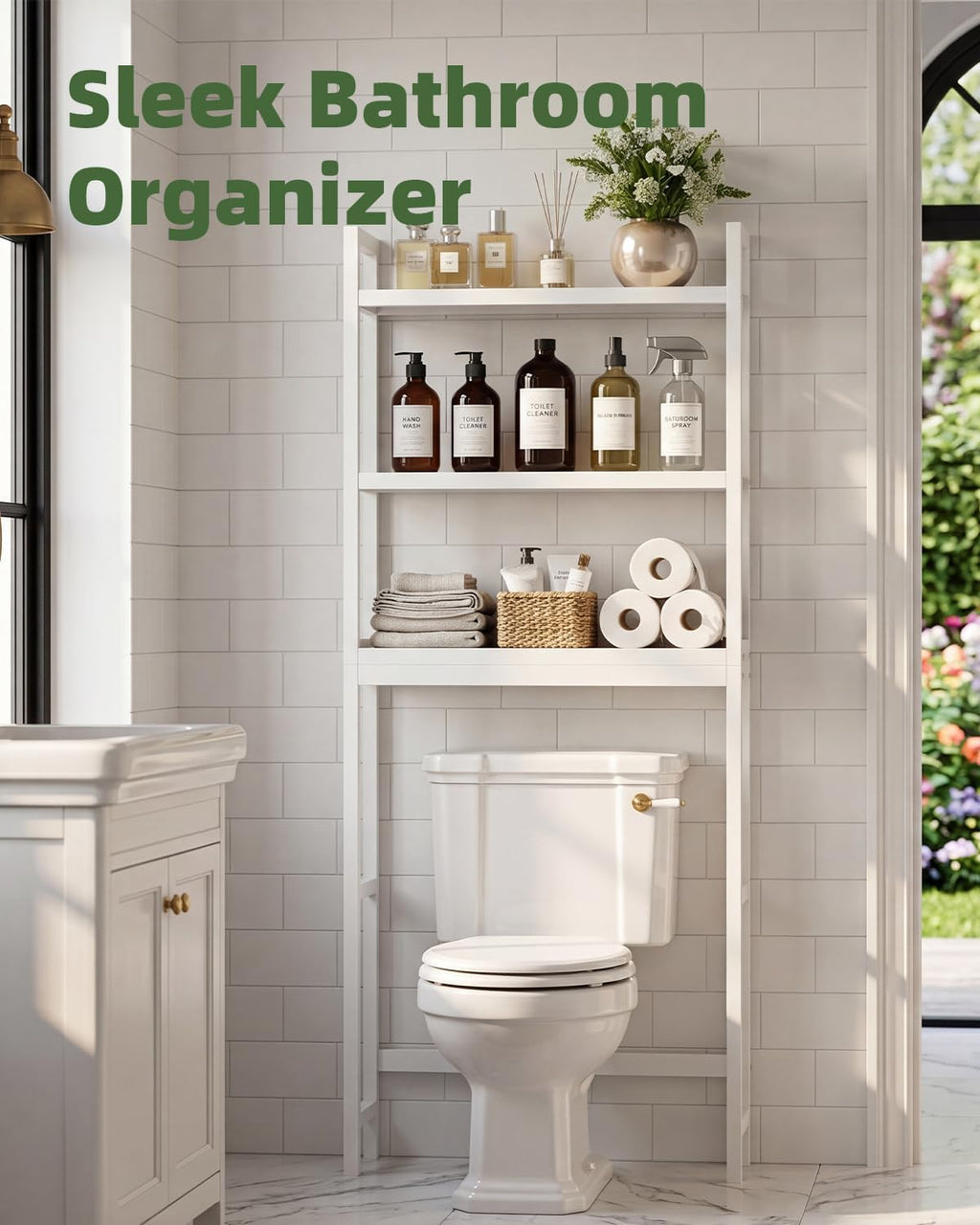 SMIBUY Bathroom Storage Shelf, Bamboo Over-The-Toilet Organizer Rack, Freestanding Toilet Space Saver with 3-Tier Adjustable Shelves (White)