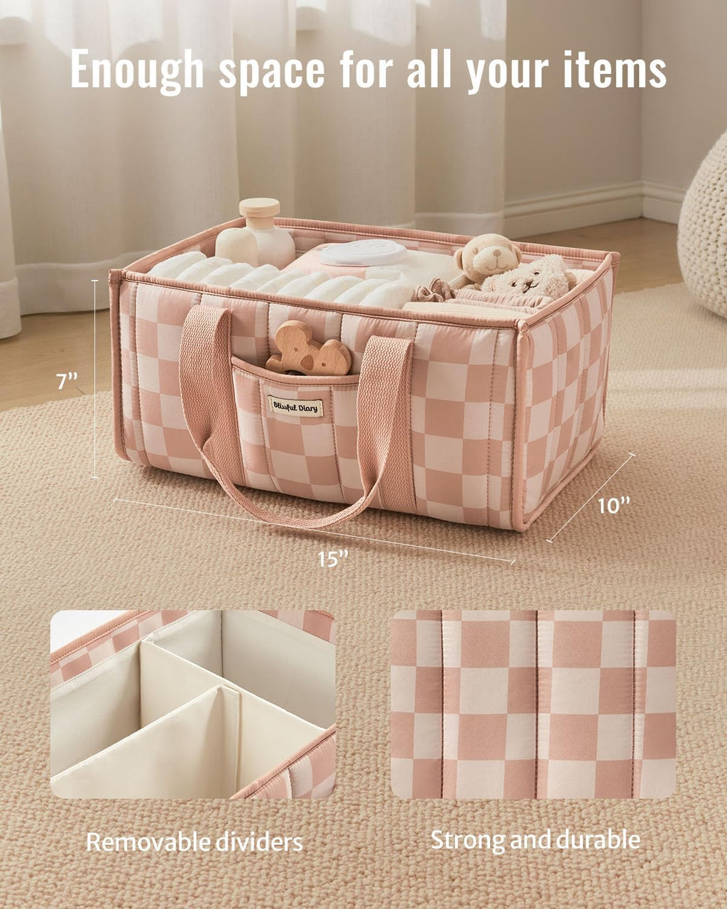 Blissful Diary Checkered Diaper Caddy Organizer, Storage Basket, Pink