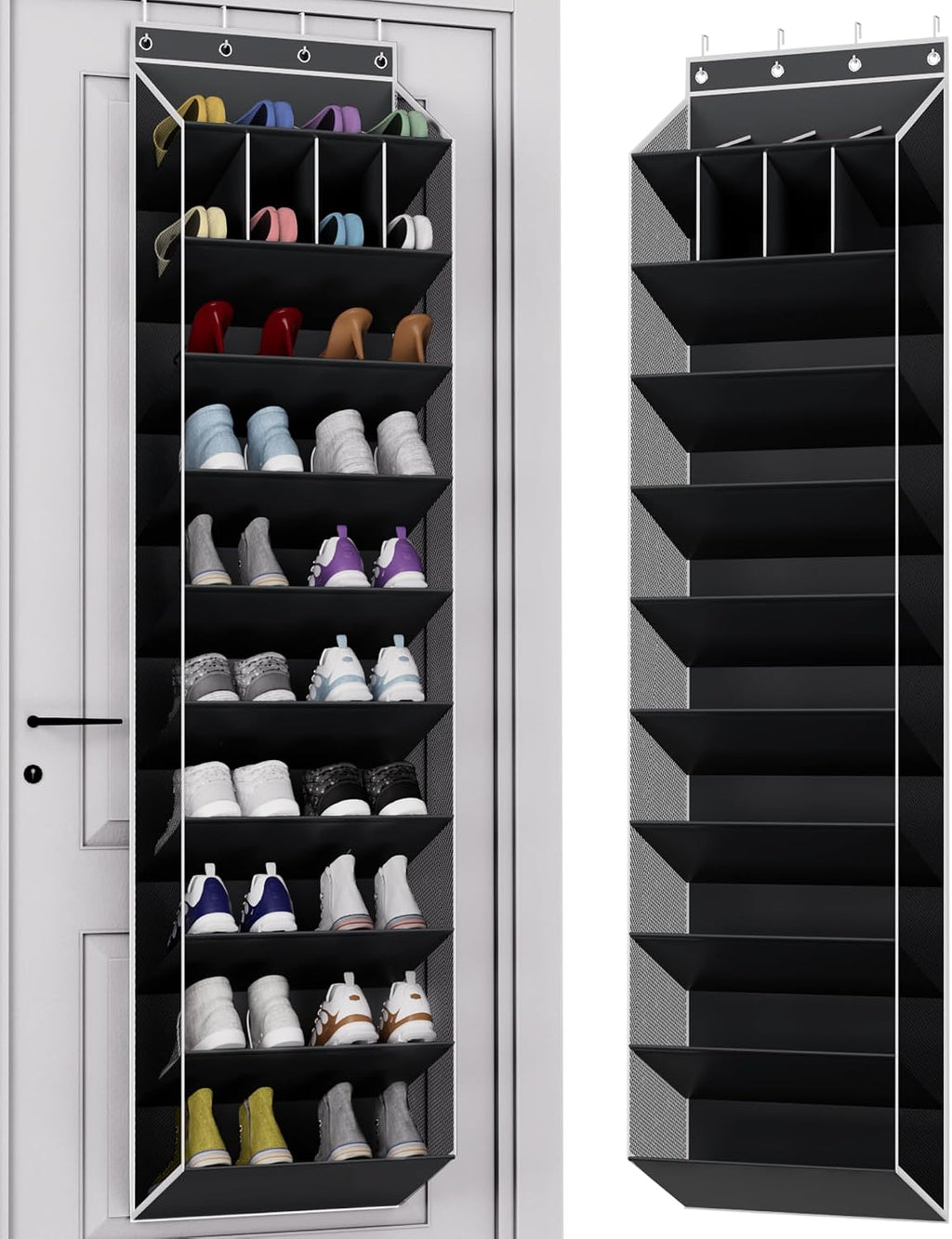 KYEVIS 10-Tier Large Size Over the Door Shoe Organizer, 20 Pairs Hanging Shoe Rack for Closet with Deep Pockets, Space-Saving Storage for Sneakers, Boots Heels (Black)