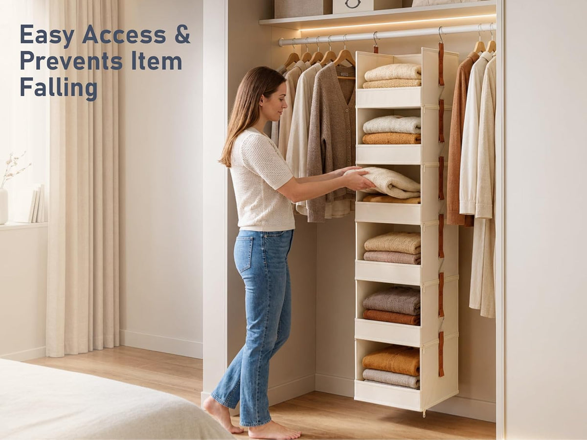 DIMJ Hanging Closet Organizer - 6-Tier Modular Hanging Shelves with Zippers Hooks, Collapsible Baskets for RV, Dorm, Small Spaces, Fabric Storage Bins for Clothes, Handbags