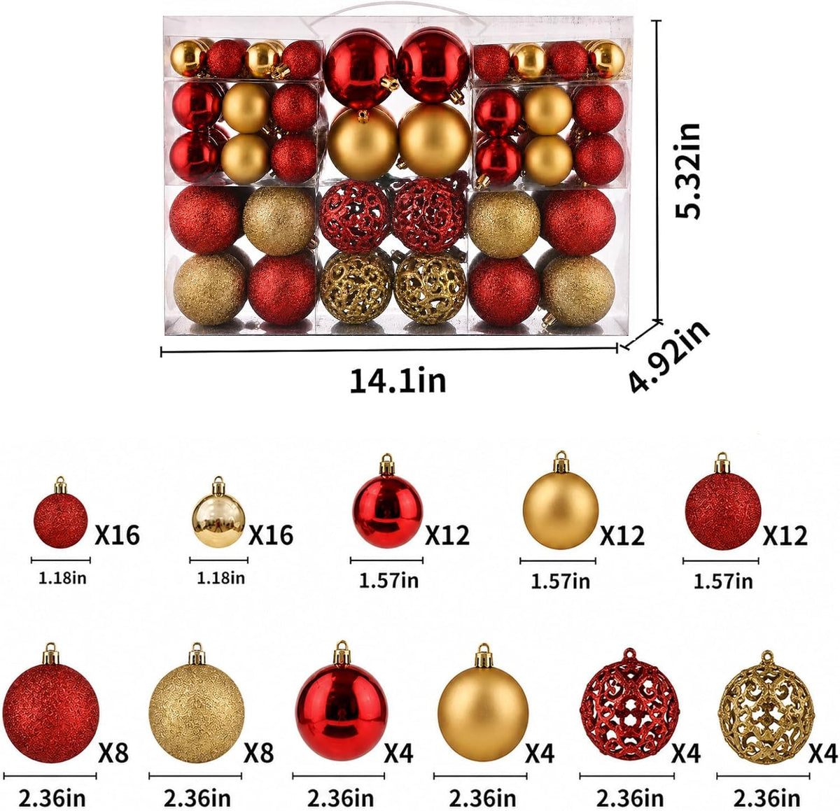Christmas Balls Tree Ornaments Set, Shatterproof Xmas Decorations Set with Reusable Hand-held Gift Package for Holiday Indoor Tree Decor (100, Red & Gold)