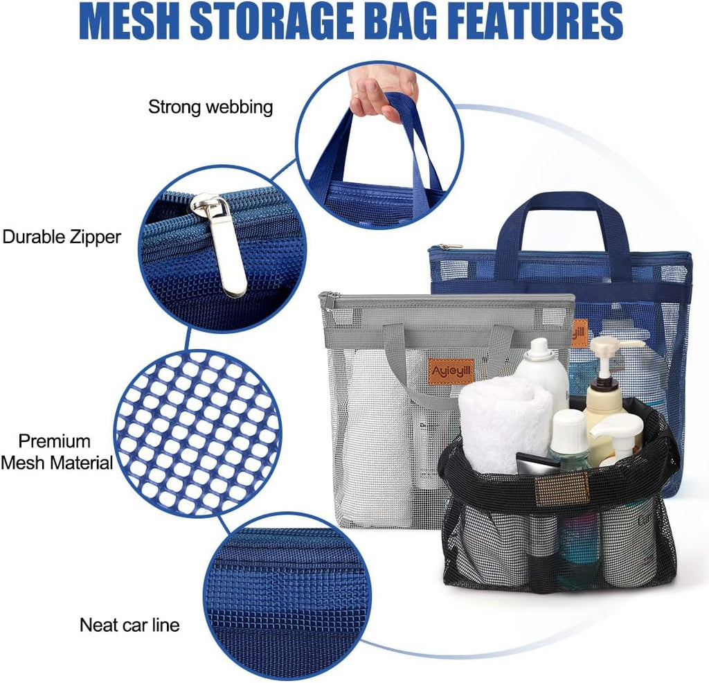 3 Pcs Portable Mesh Shower Caddy Tote, Quick Dry Tote Bag Mesh Beach Bags for Women, Hanging Toiletry and Bath Organizer for Travel Swimming Sports Gym Camp Shopping College Dorms (Black Gray D Blue)
