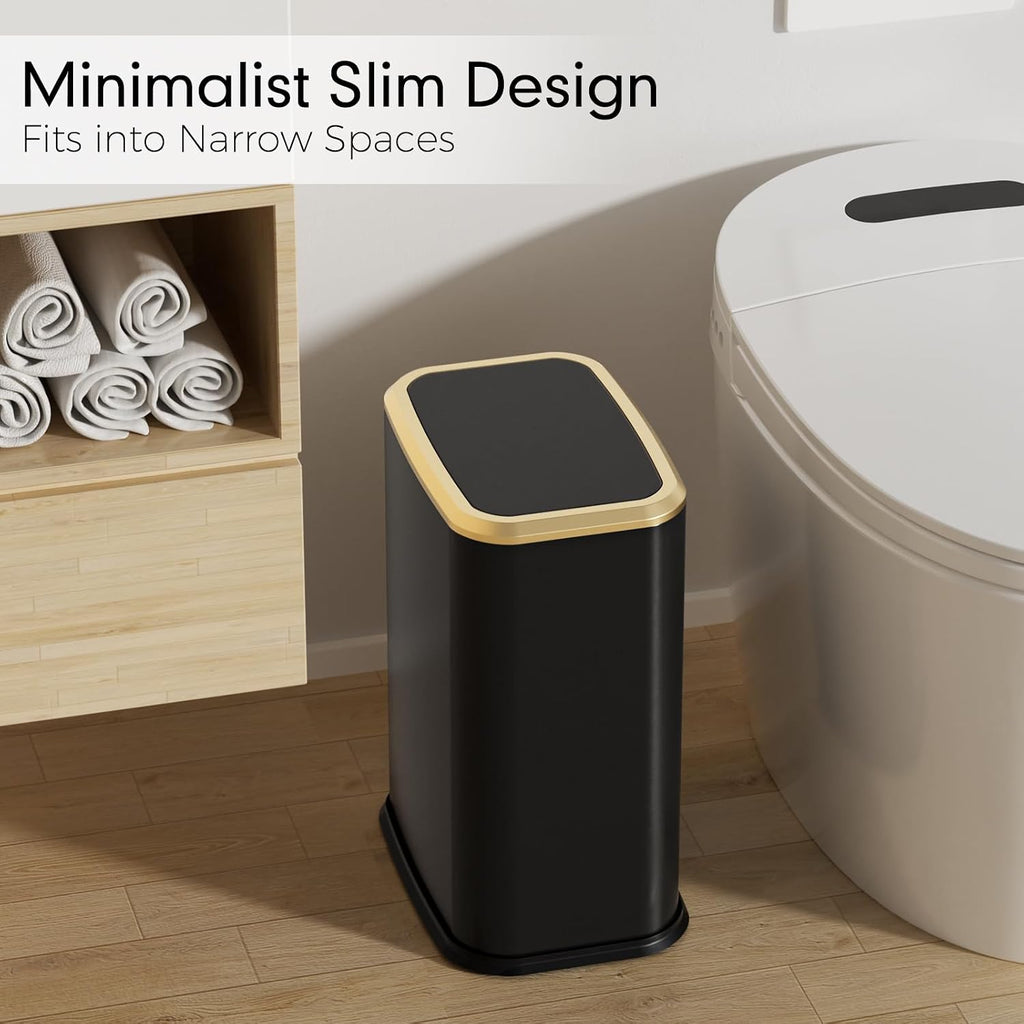 Bathroom Trash Can with Lid 8L/2.1 Gallon Black Trash Can Small Garbage Can with Swing Top Lid Slim Stainless Steel Garbage Can with 100 Counts Trash Bags for Bathroom Bedroom Kitchen Office Toilet