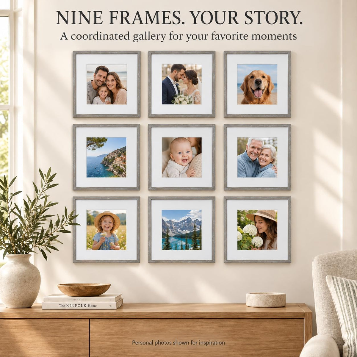 GALLERY PERFECT 12x12 Picture Frames, 9 Piece Set with Real Glass Cover for 8x8 Photos With Mat, Picture Frames Collage Wall Decor for Gallery Wall, Home Decor, Grey