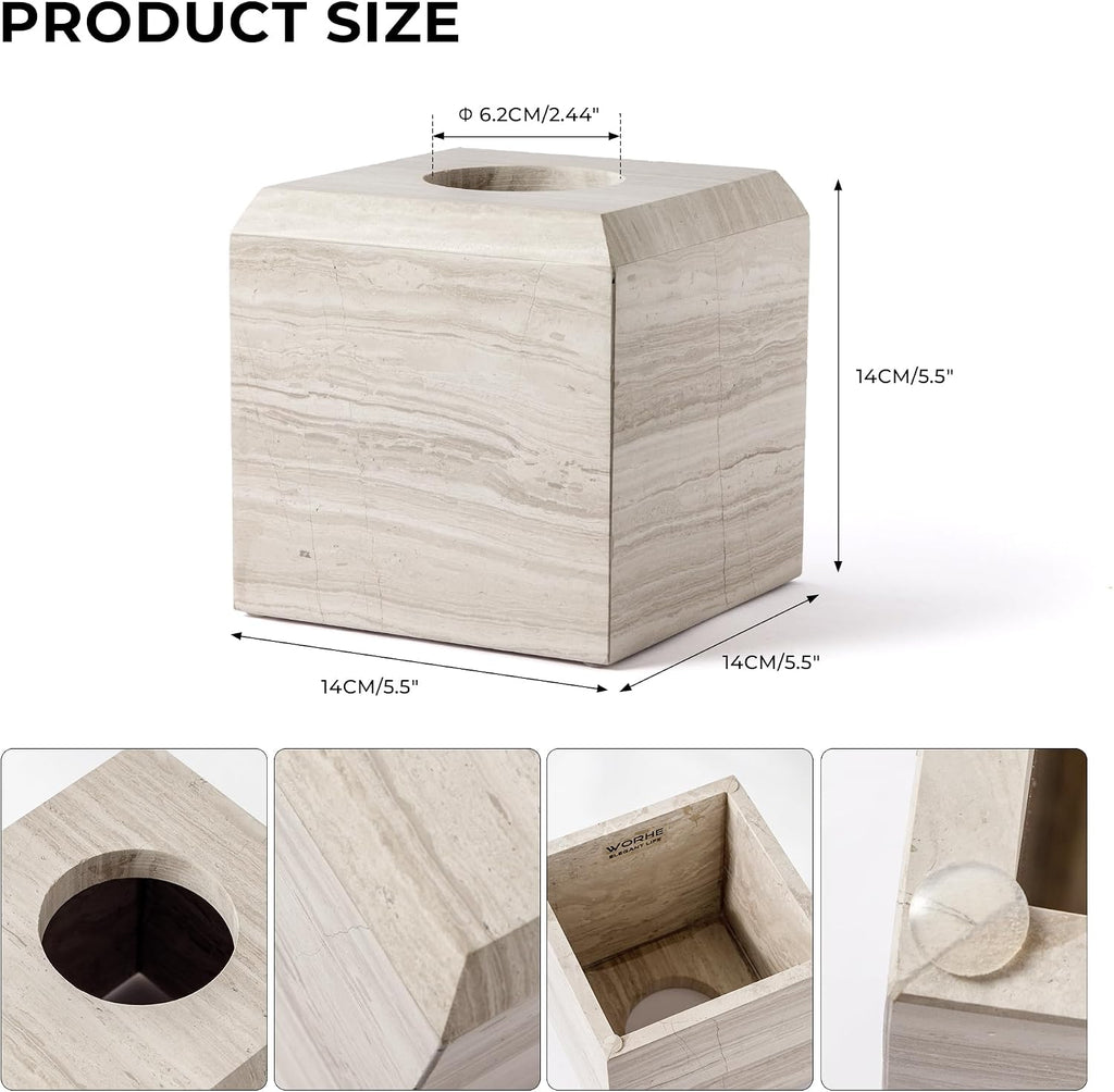 Tissue Box Cover Italy Natural Marble Heavy Duty Square Facial Toilet Paper Holder for Bathroom Living Room Bedroom Dresser Kitchen Minimalistic Office Home Decor Grey (WH078)