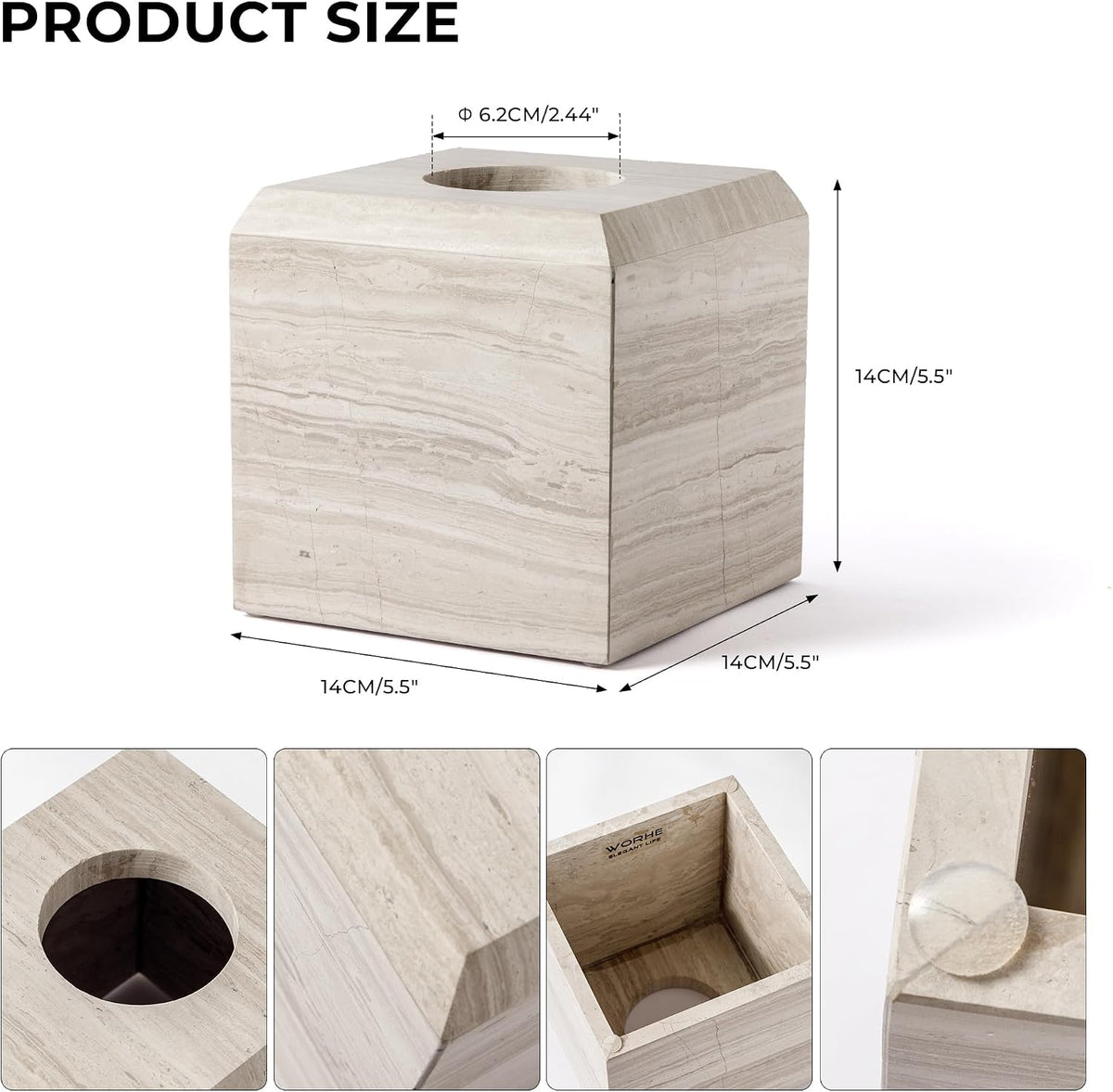 Tissue Box Cover Italy Natural Marble Heavy Duty Square Facial Toilet Paper Holder for Bathroom Living Room Bedroom Dresser Kitchen Minimalistic Office Home Decor Grey (WH078)