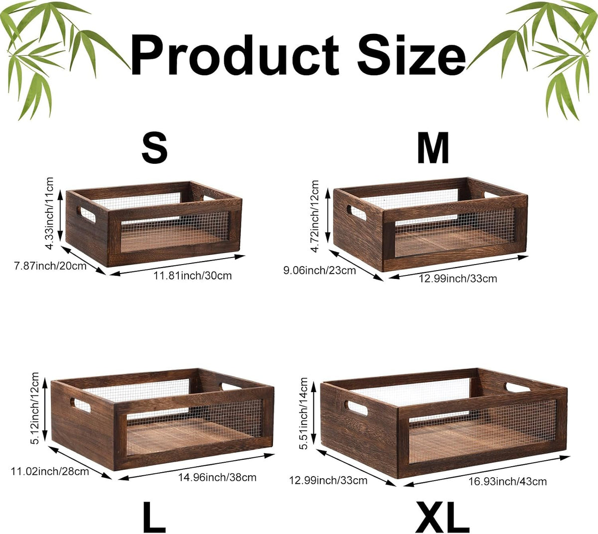 FillTouch 4 Pcs Wooden Nesting Countertop Baskets, Dark Brown, Large