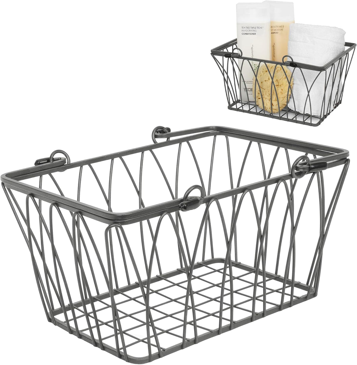 Spectrum Small Wire Basket with Handles Industrial Gray Farmhouse Basket Organizer for Kitchen Bathroom Laundry Pantry Shelf Organization, Twist Wire Metal Basket with Handle for Gifts or Storage