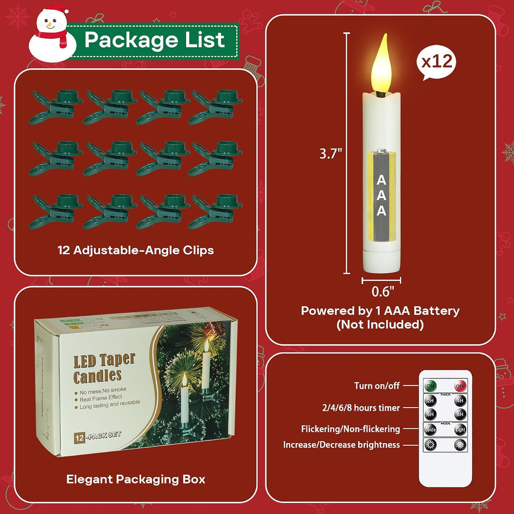 Pack of 12 Flameless Taper Clip on Candles with 12 Clips, Remote and Timer Function LED Flickering Battery Operated Fake Short Ivory 0.6" x3.7" Plastic Warm Light for Festival Tree Decor