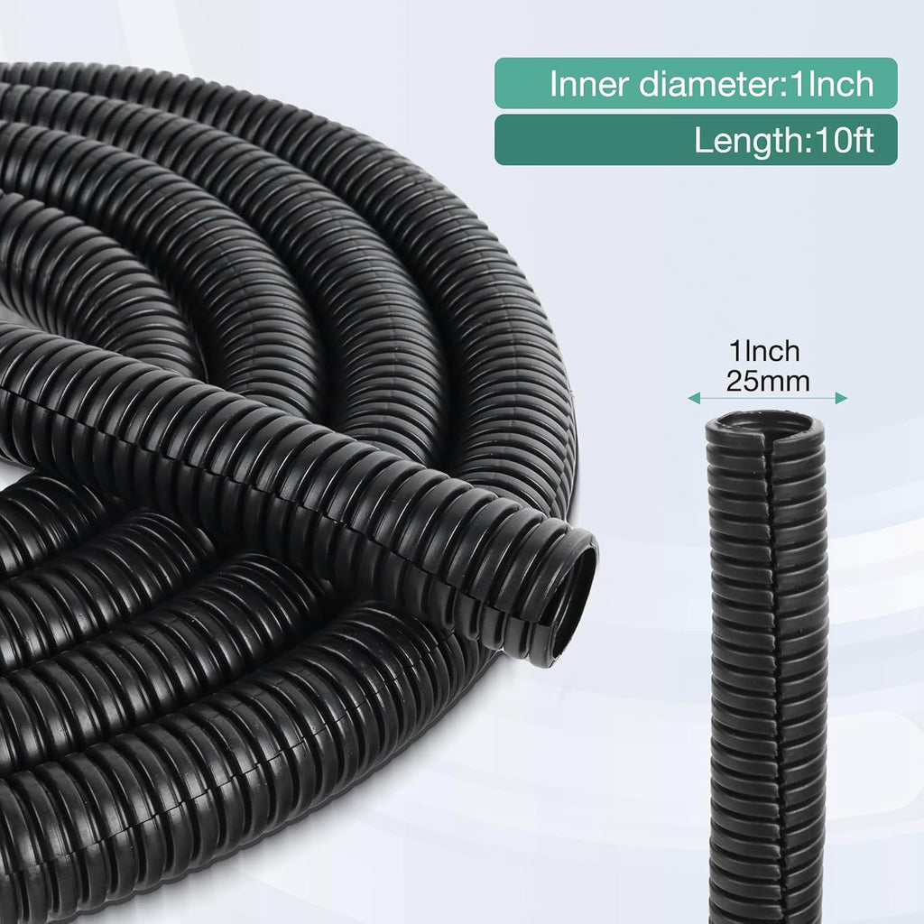1" Split Wire Loom Tubing 10 ft Cord Protector Wires Covers Flexible Polyethylene Split Loom for Automotive, Home, Office, and Industrial Applications with Easy Installation Tool Black