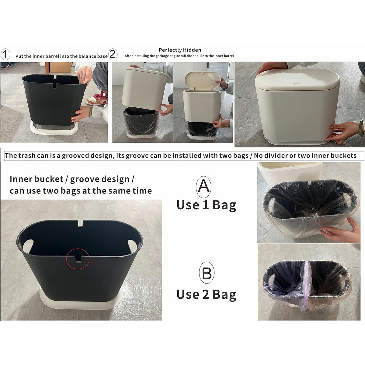 12L Black Slim Bathroom Trash Can with Press Top Lid,3.17 Gallon Pet/Dog Proof Kitchen Trash Can,Thin Garbage Can,Covered Wastebasket,Narrow Small Plastic Trashcan for Craft Room,Bedroom,Office,Dorm