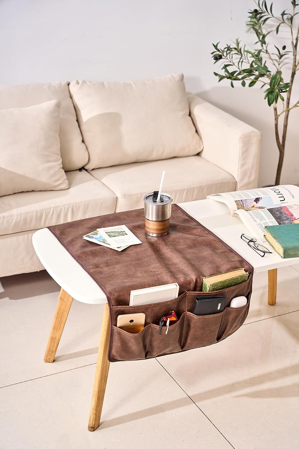 EURYNOME Personalized Sofa Armrest Genuine Leather Storage Bag,Custom Anti-Slip Sofa Organizer Pouch for Remote Control,Phone,ipad,Magazine,etc