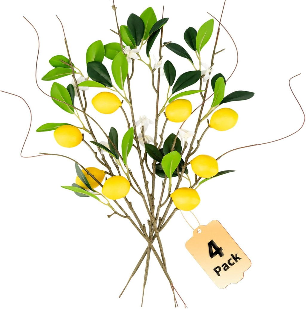 4 PCS 18.9” Artificial Lemon Branches for Kitchen Decor, Faux Yellow Lemons with Magnolia Flower & Willow Stems, Realistic Fake Fruit Picks for Farmhouse Party Decoration and Vase Arrangements