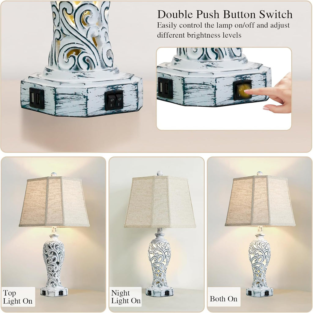 25'' Farmhouse Table Lamps Set of 2 for Living Room with USB C+A