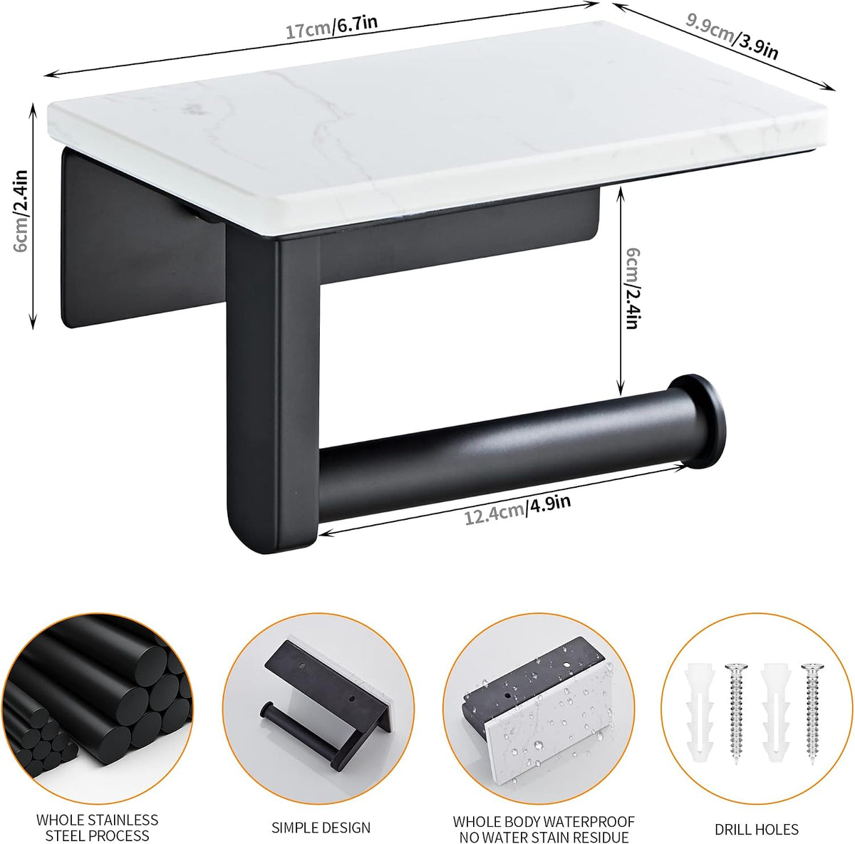 Matte Black Toilet Paper Holder with Marble-Look Shelf, Wall Mounted SUS304 Stainless Steel Toilet Roll Holder with Phone Storage