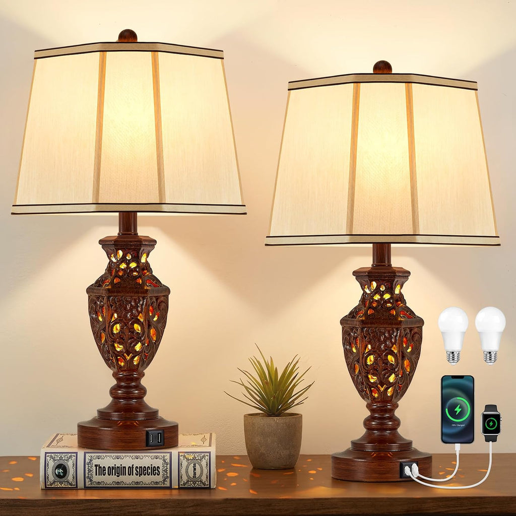 EJIAXIN Lamps for Night Stands Set of 2-23.5" Vintage Bedside Lamp with USB A+C and Nightlight - Brown Retro Carved Resin Farmhouse Desk Lamp for Bedrooms, End Tables, Living Room, Bulbs Included