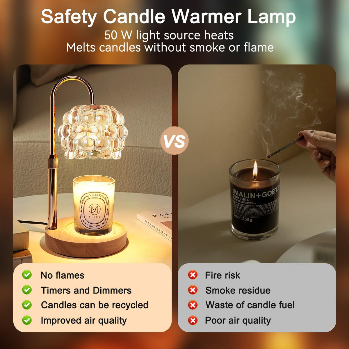 Candle Warmer Lamp with Timer Adjustable - Height Candle Warmer, Dimmer, Vintage Glass Wax Melting Lamps for Home Decor, for Candles in Jars with 2 Bulbs, Champagne Gold