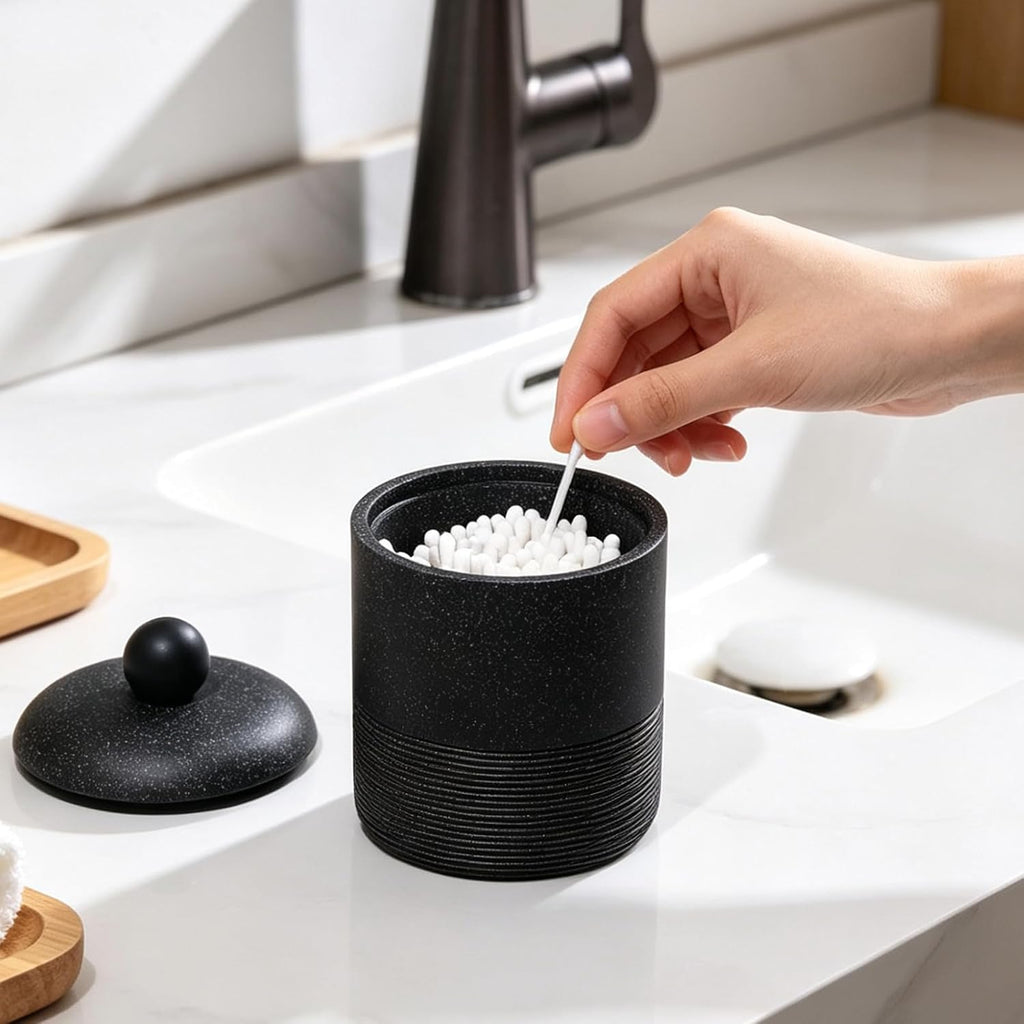 Lidded Qtip Holder, Durable Resin Qtip Container, Bathroom Cotton Swab Container Suitable for Cotton Swabs, Makeup Pads, Dental Floss Picks, Makeup Sponges, And Small Bathroom Accessories (Black)