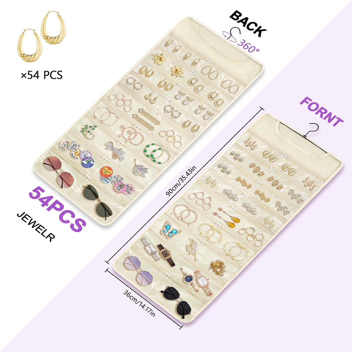 FOREGOER Hanging Jewelry Organizer 58 Zippered Pocket, 2-Sided, Beige