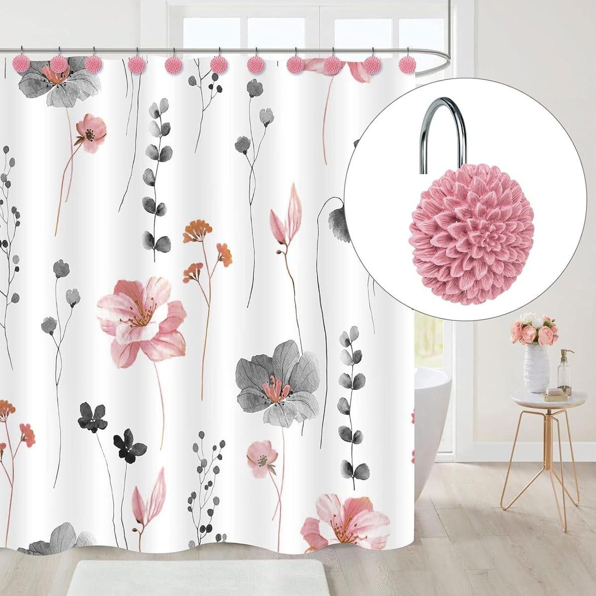 Sunlit Decorative Floral Shower Curtain Hooks, Dahlia Pinnata Flower Shower Curtain Rings, Resin, Bathroom Decoration Pink Shower Curtain Hooks-12 Pack