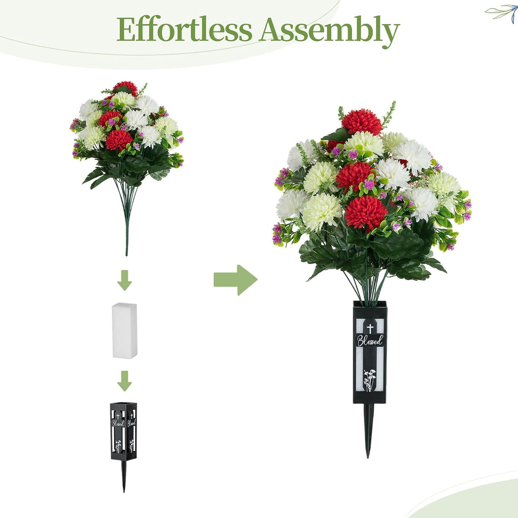 Artificial Cemetery Flowers for Grave: Fake Mums, 2 Pcs, 18 Heads