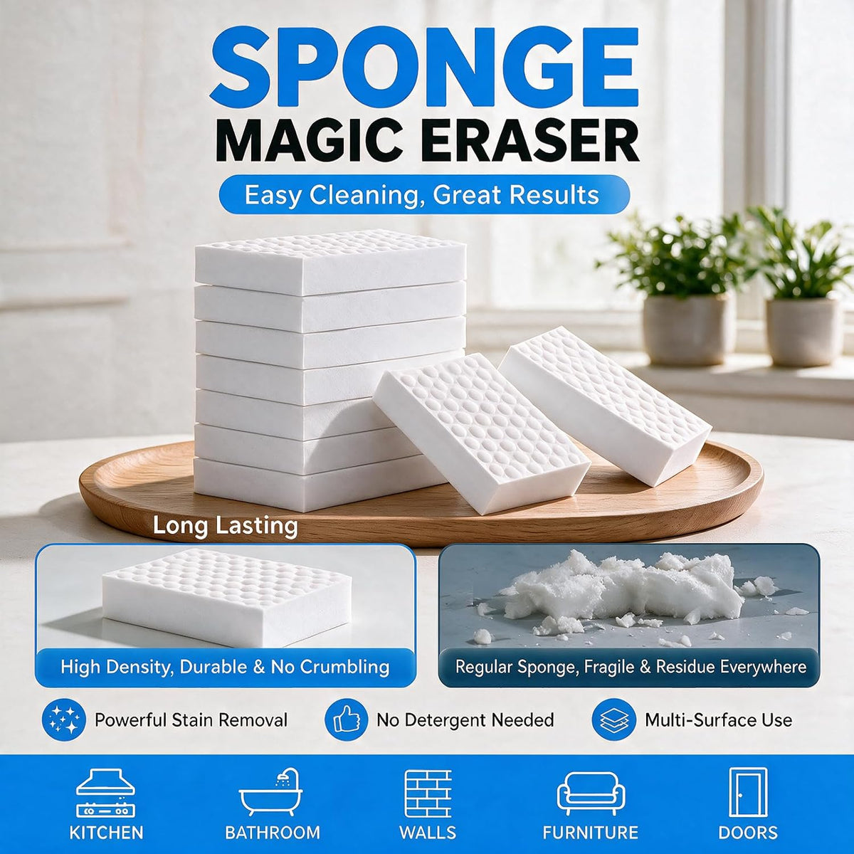 Waffle-Textured Magic Eraser Sponges, High-Density Melamine, 50 Pack