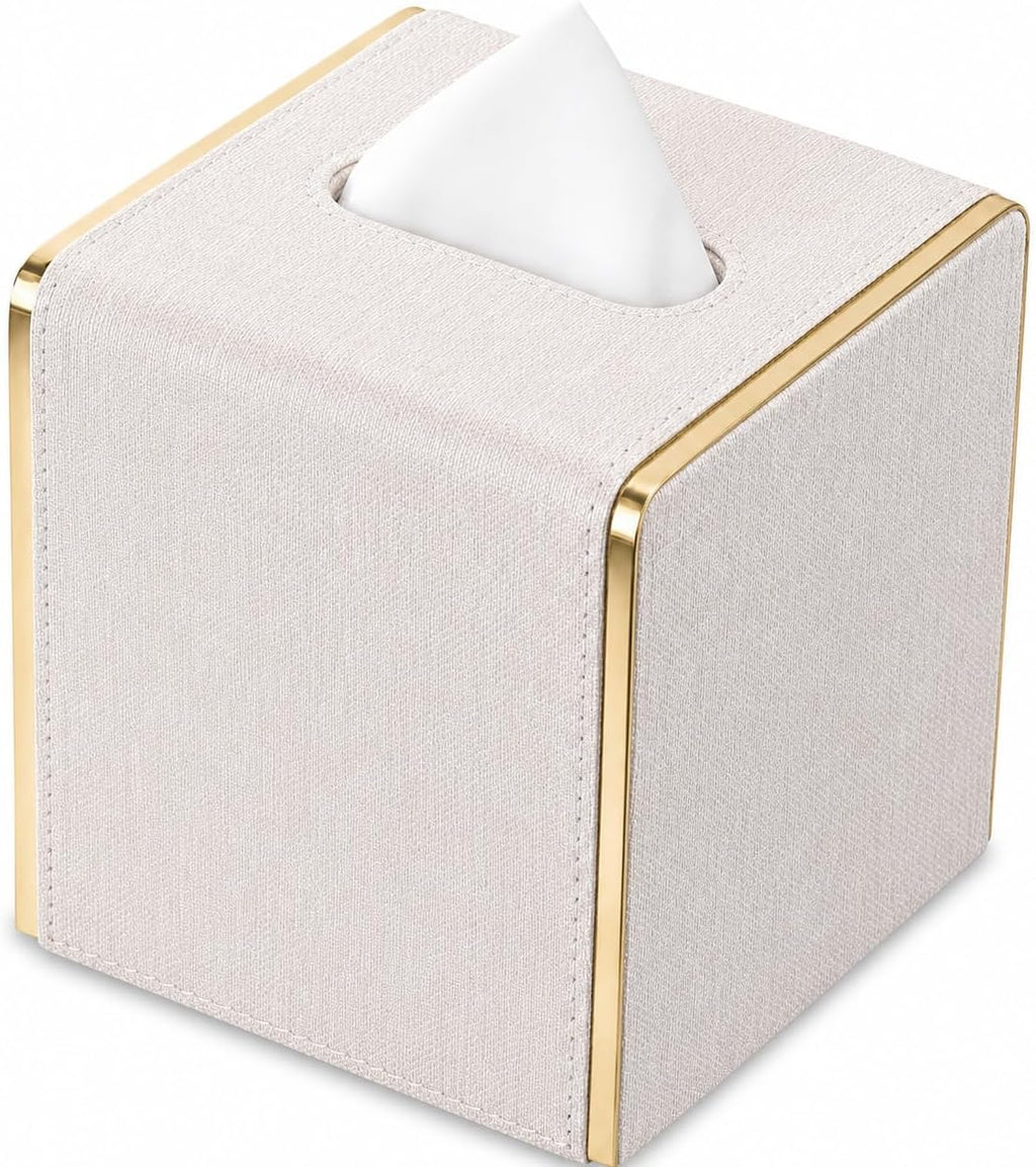 GORESE Linen Look Tissue Box Cover Square, PU Leather Tissue Box Holder
