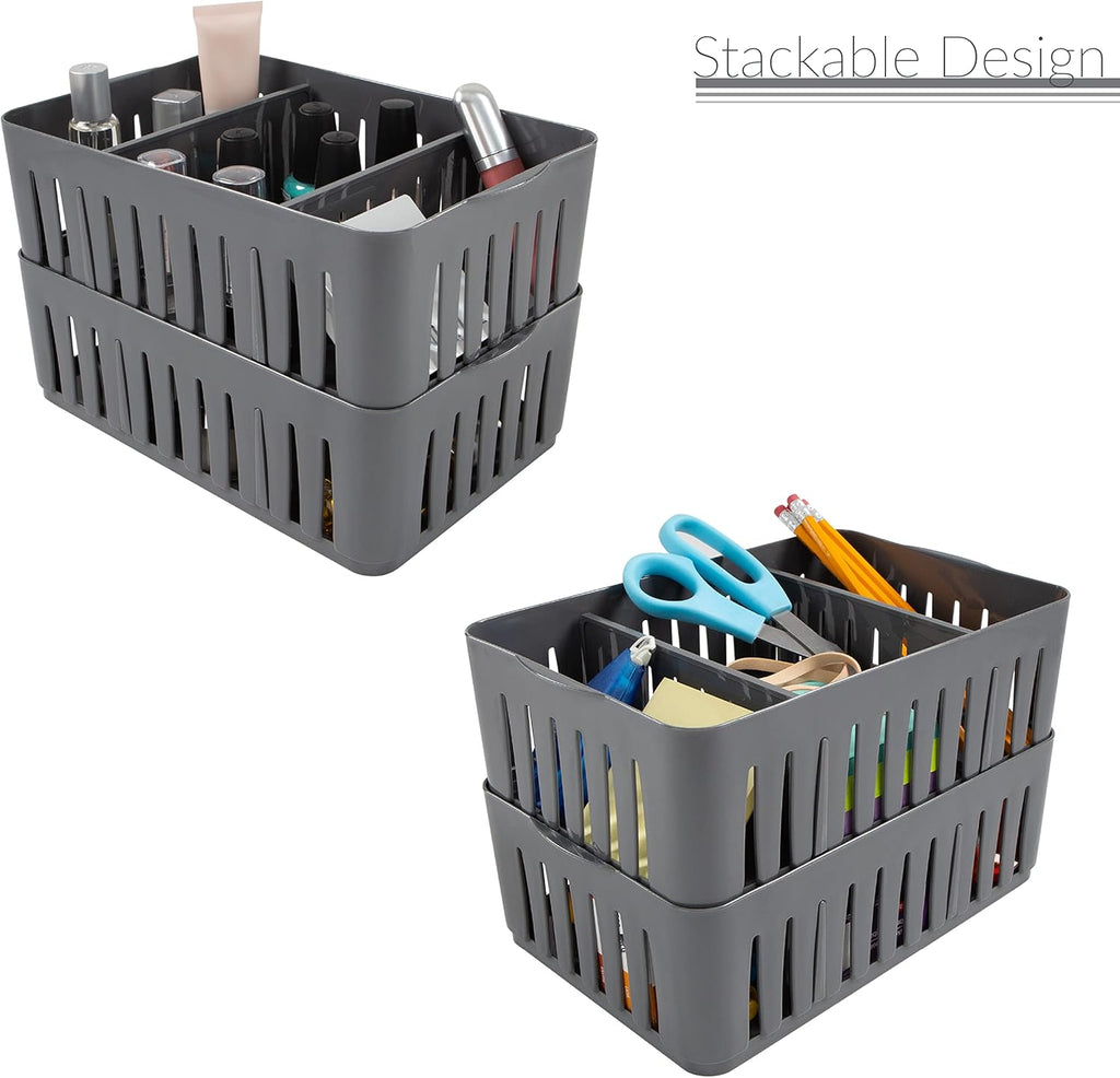 Simplify 3 Compartment Stackable Bin with Adjustable Dividers | Drawer Organizer | Storage Basket | Good for Office | Desk Supplies | Dorm | Bathroom | Accessories | Make Up | Grey