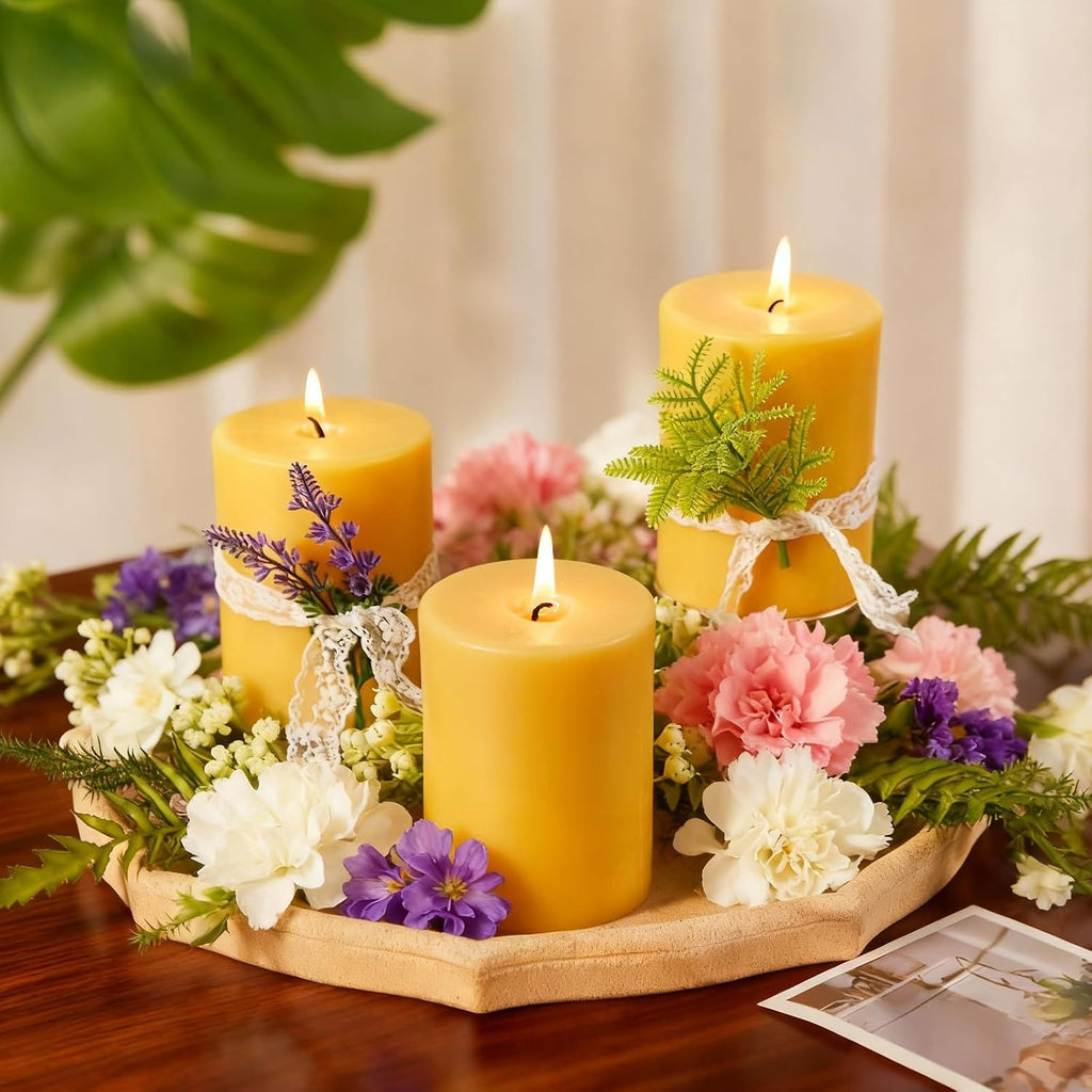 Crenovo 3 Pack Beeswax Pillar Candles,3x4 Inch 100% Pure Organic Natural