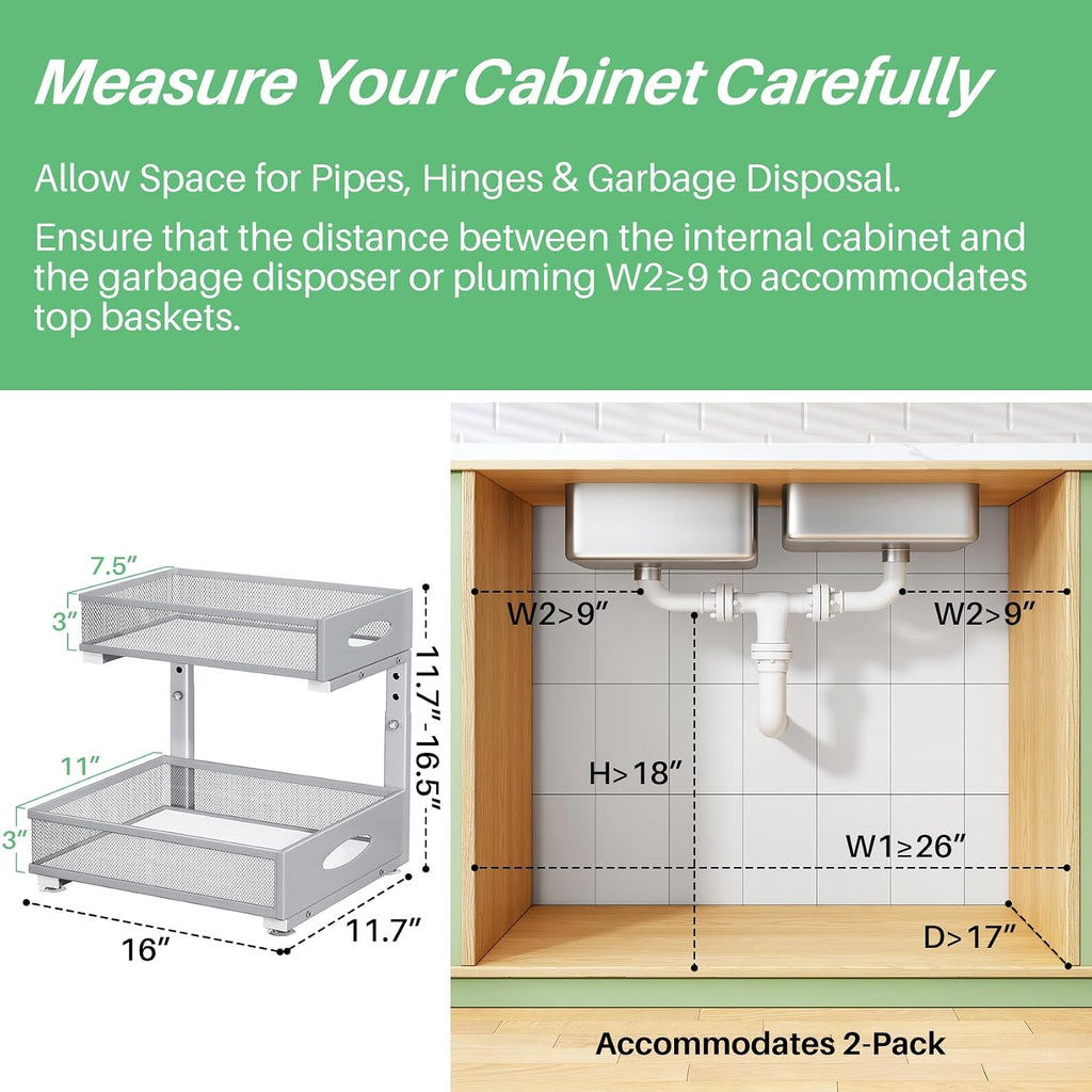 Under Sink Organizer, 2-Pack Pull Out Cabinet Organizer 2 Tier Metal Slide Out Storage Shelf Rack, L-Shaped Adjustable Height,Mesh Sliding Drawer for Kitchen, Bathroom, Laundry, Pantry, Grey, XL
