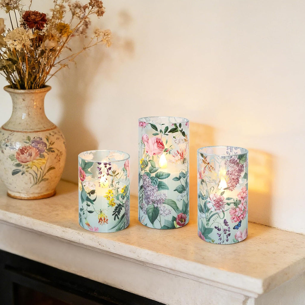 Glass Flameless Candles with Remote Timer Floral Battery Operated LED Flickering Blue Pillar Candle Real Wax Spring Summer Garden Dinner Christmas Holiday Farmhouse Decor D3 x H4, 5", 6"