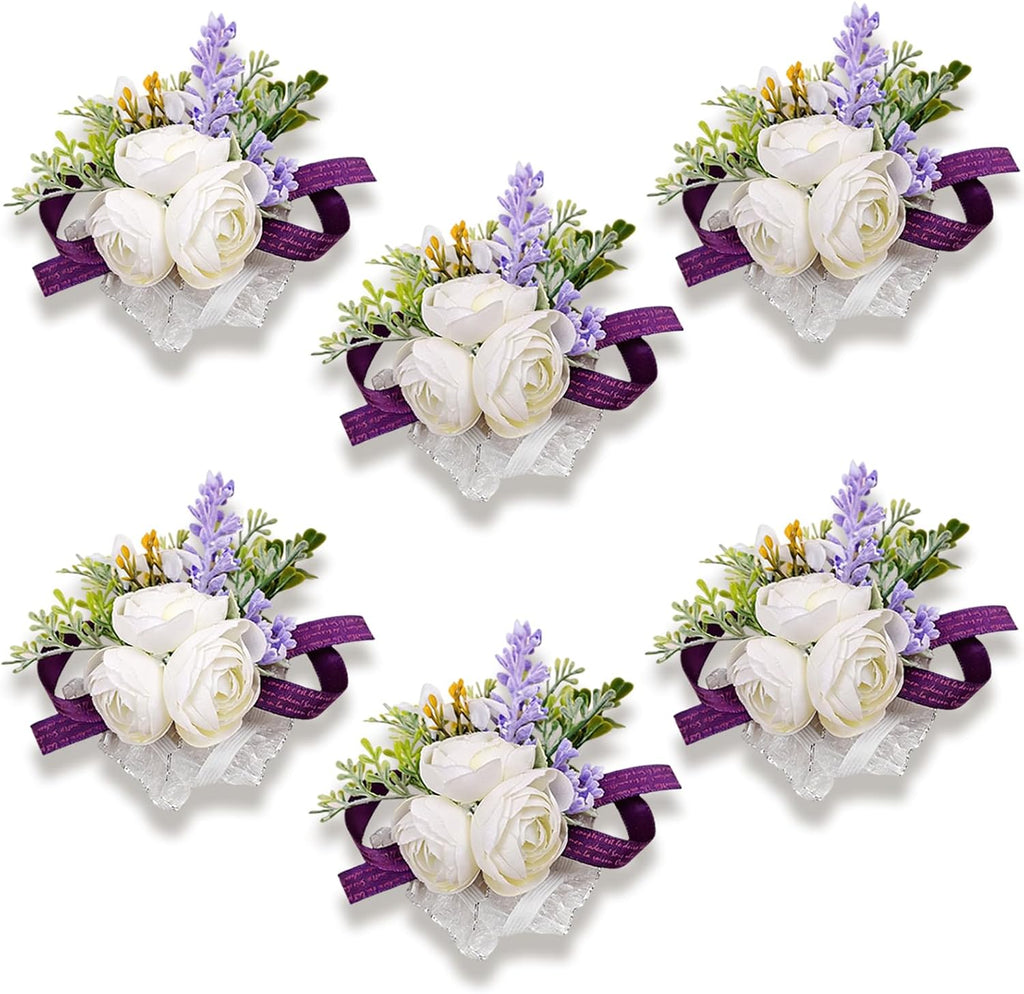 6Pcs White and Purple Artificial Silk Wrist Corsage for Wedding Prom