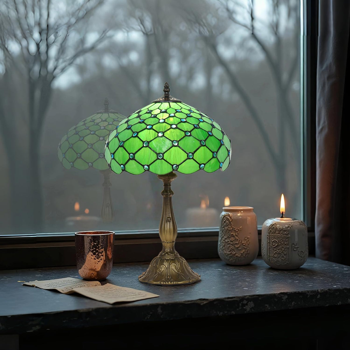 Stained Glass Table Lamp, Green Pearl Style, 12X12X19 Inch