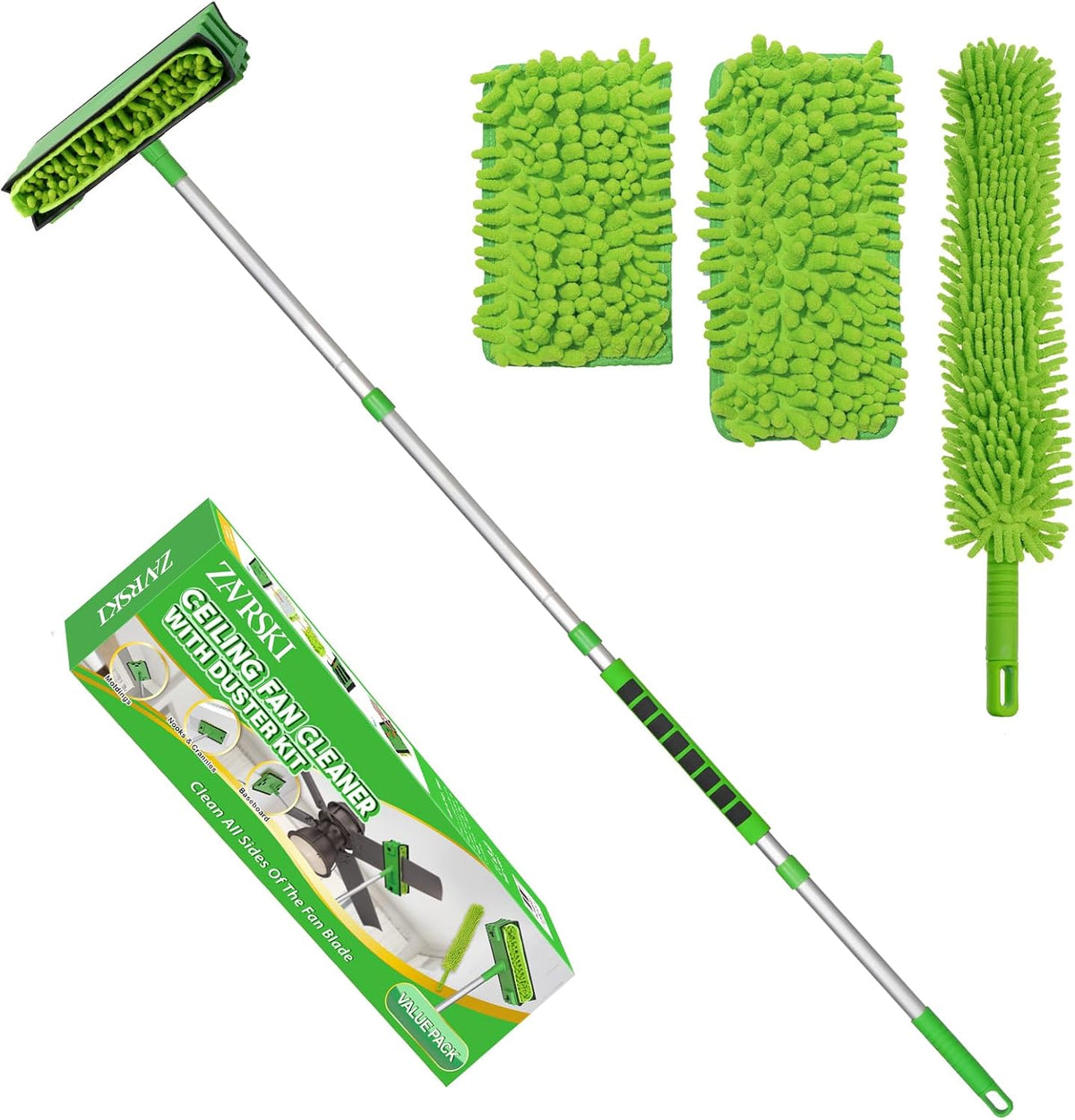 Ceiling Fan Cleaner Duster with 6 Ft/72'' Extension Pole High Ceiling Fan Blade Cleaning Tool Microfiber Duster Reusable Pads for Cleaning Ceiling Fan, Baseboard, Blind, Cobweb, Molding