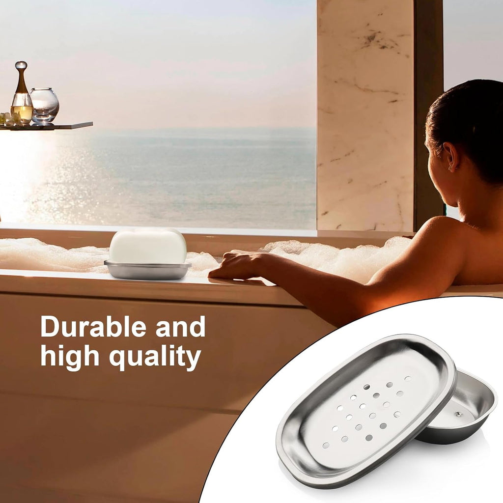 Stainless Steel Soap Dish with Double Layer Draining for Bathroom, Chrome Brushed Nickel Soap Box with Drainage, Shower Countertop Tray (Dots)