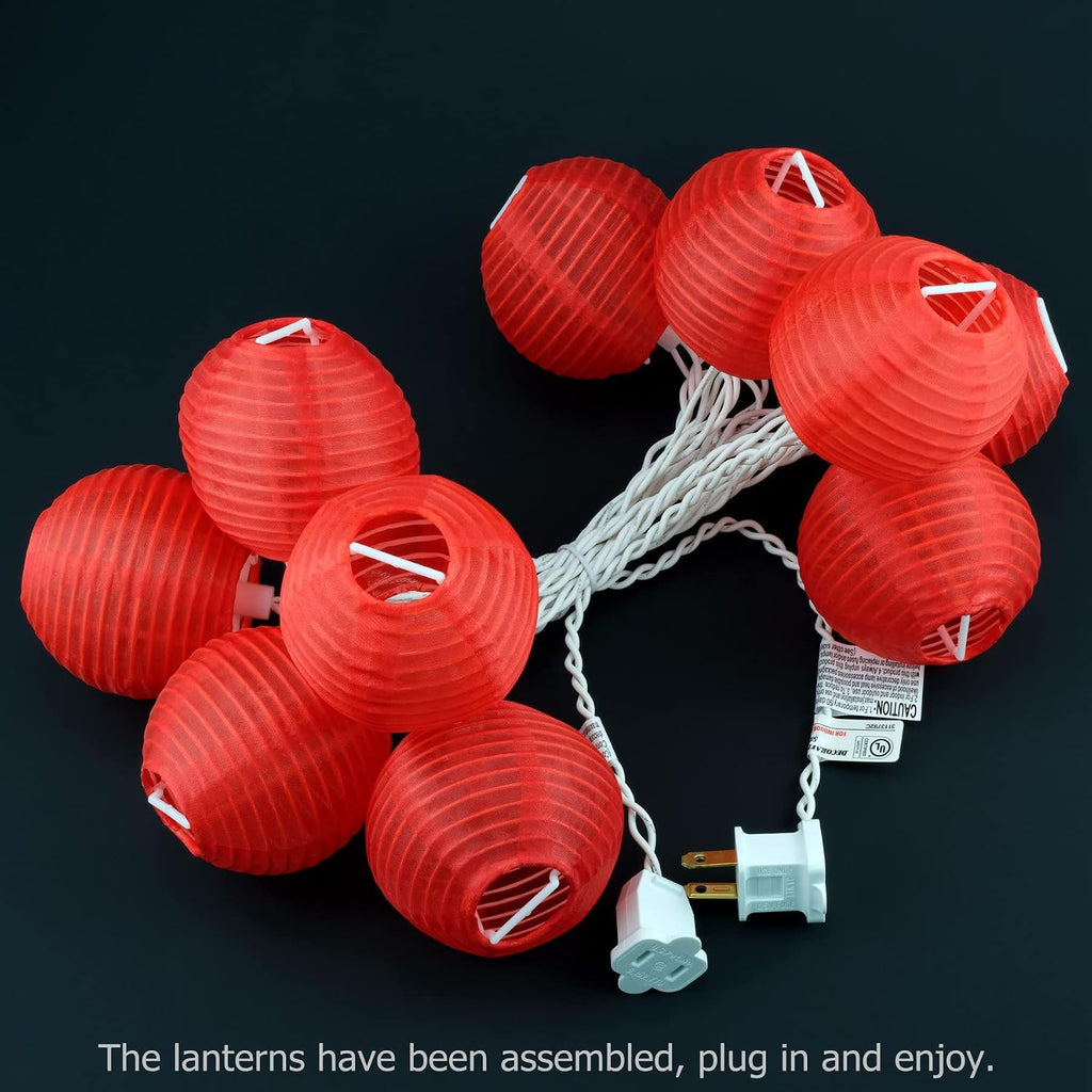 YULETIME Red Lantern String Lights, 10 ct 3" Dia 7.6 ft White Wire Plug-in