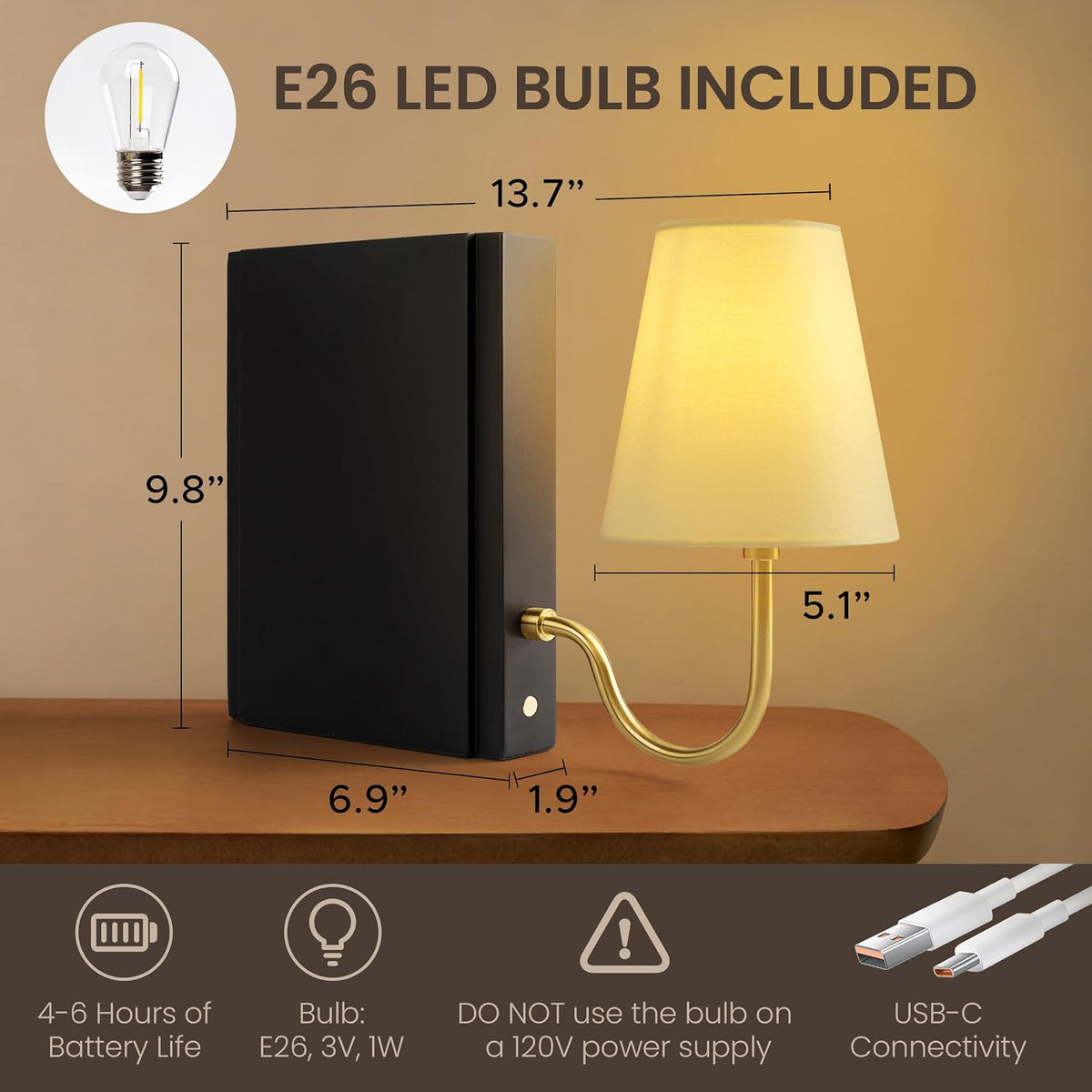 AELS Solid Wood Bookshelf Lamp with Bulb, Cordless Rechargeable Touch Dimmable Table Lamp with Linen Fabric Shade, Modern Decorative Bookend Lamp for Bedroom, Office & Bookshelf Decor, Black