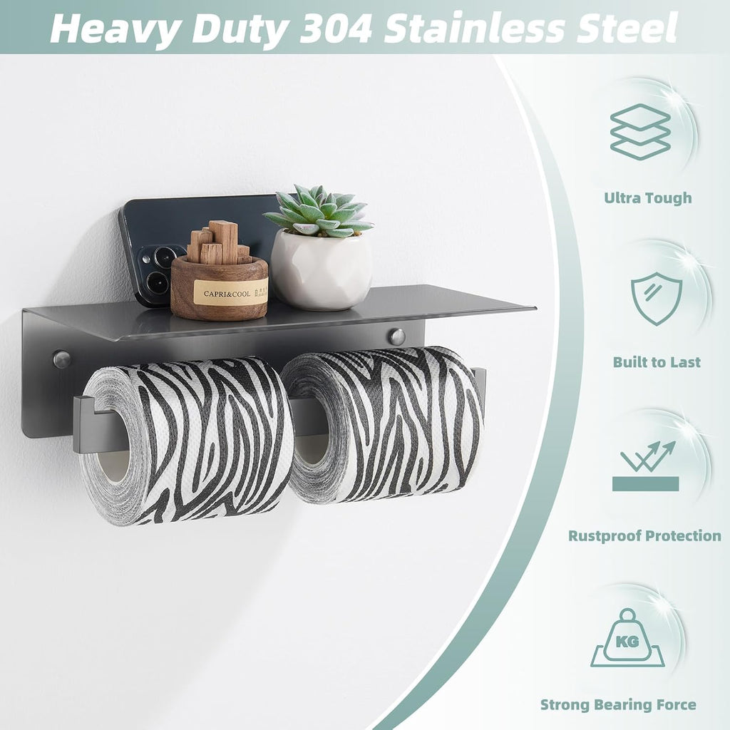 APLusee Double Toilet Paper Holder with Storage Phone Shelf, Gunmetal Gray