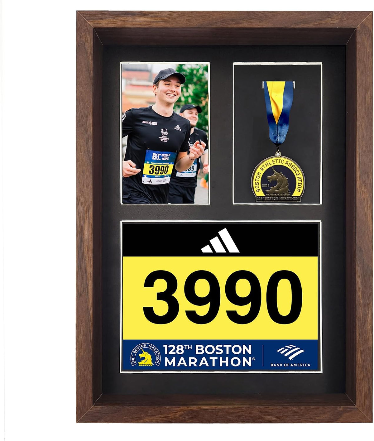 3-in-1 Shadow Box Display with Real Glass (Medal, Race Bibs, and Photo Display) – Marathon Medal Display and Frame, Triathlon & Running Bib Holder, Wall-Mounted, Real Tempered Glass- Walnut