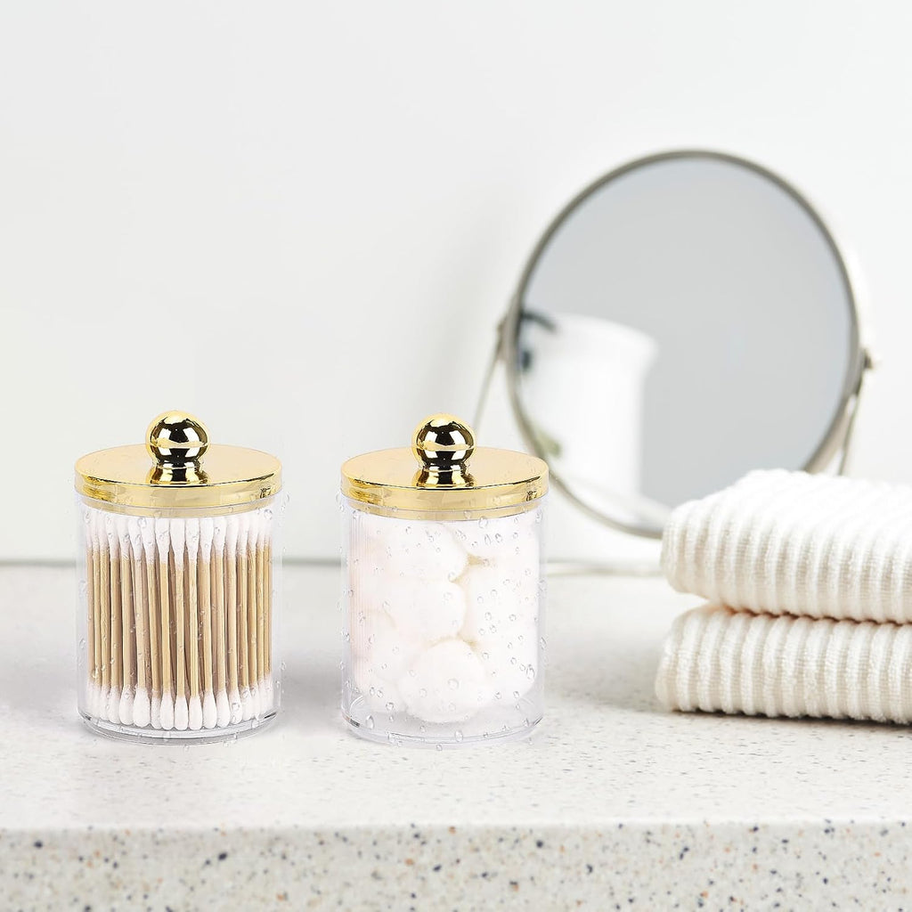 Tbestmax 10oz Qtips Holder Bathroom Container - Plastic Apothecary Jar with Gold Lids for Cotton Bal Swab Round Pads, Floss - Gold