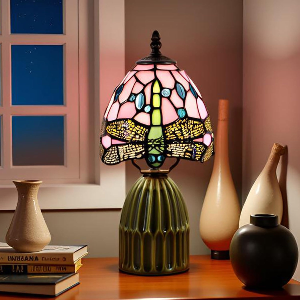 Tiffany Stained Glass Mushroom Table Lamp 12.5 Inch -Pink Dragonfly