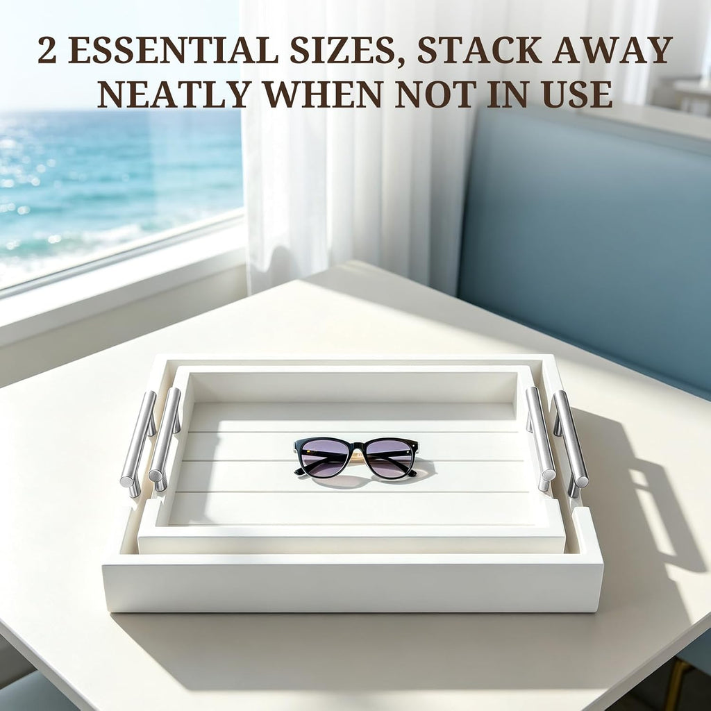 SXNOWS Set of 2 Wood Serving Trays with Black and Silver Handles