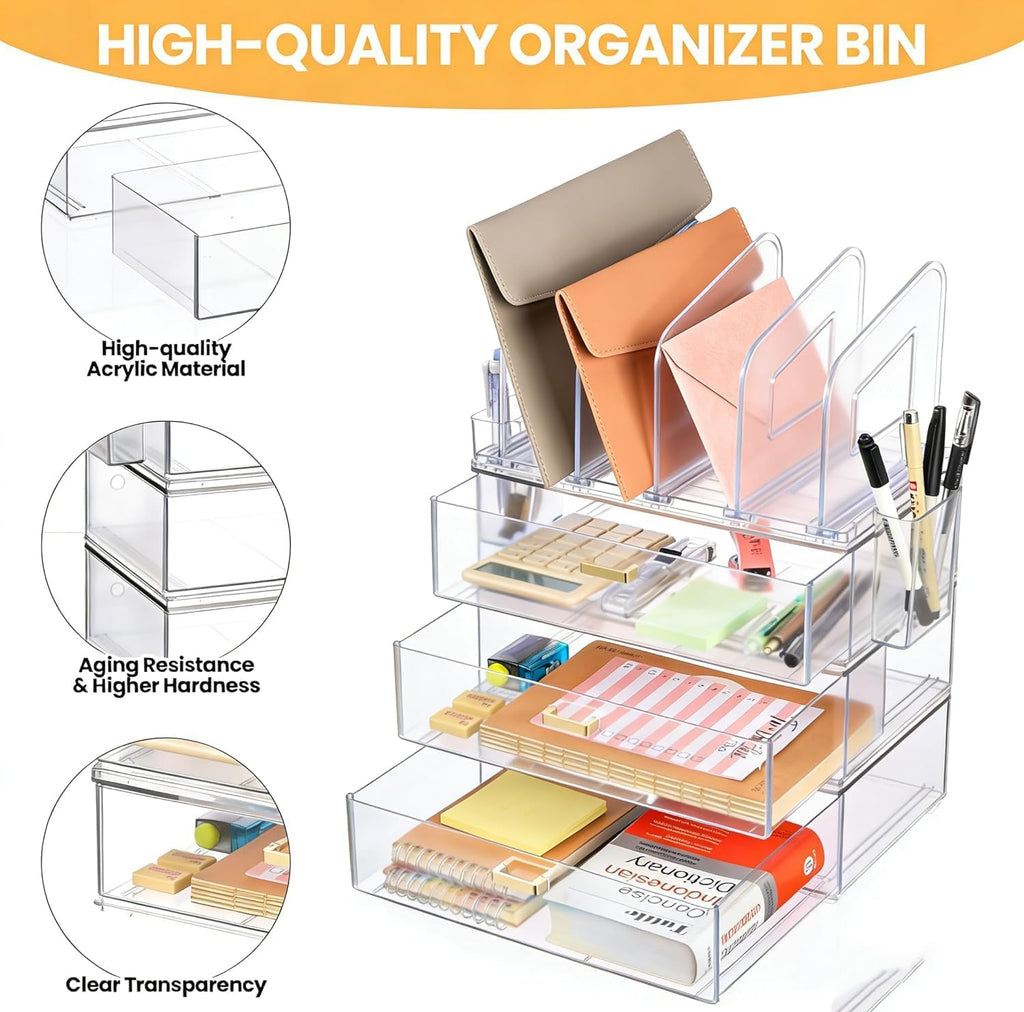 Acrylic Desk Organizer with 4-Vertical File Holder Rack, 3-Clear Drawer and 2 Pen Holders, Desktop Storage for Office Desk Accessories School Classroom Organization (Clear)