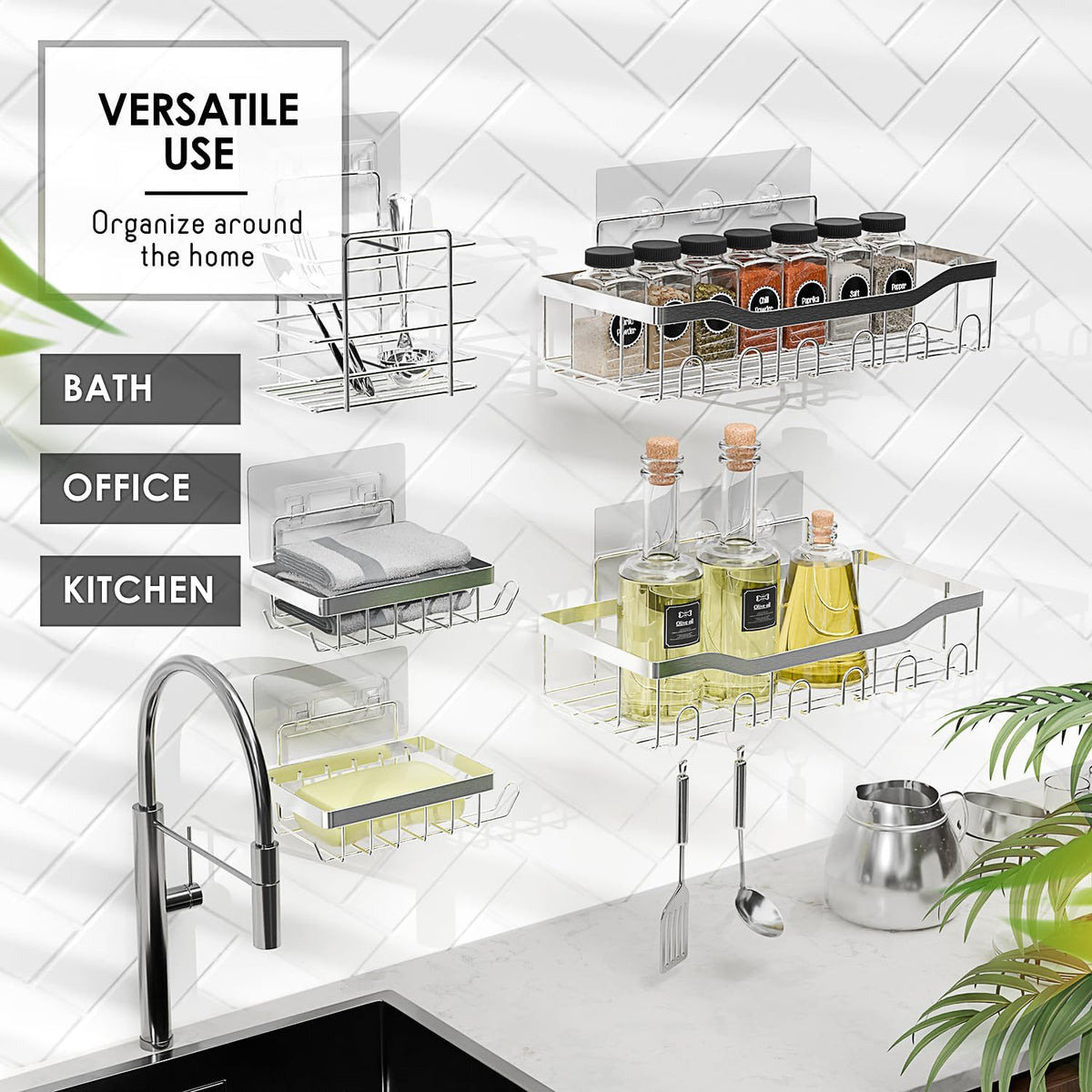Clara Clark Shower Caddy Adhesive Organizer - Large Capacity Shower Rack, Rustproof Stainless Steel Shelves for Bathroom Storage & Home Decor