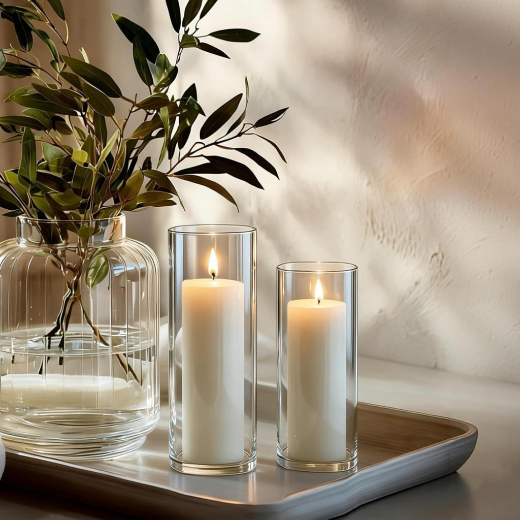 24 Pcs White Pillar Candles and Glass Candle Holders Cylinder Candle Vases for Pillar Candles Hurricane Candle Holders Set for Wedding Party, Event, Home Office Decor